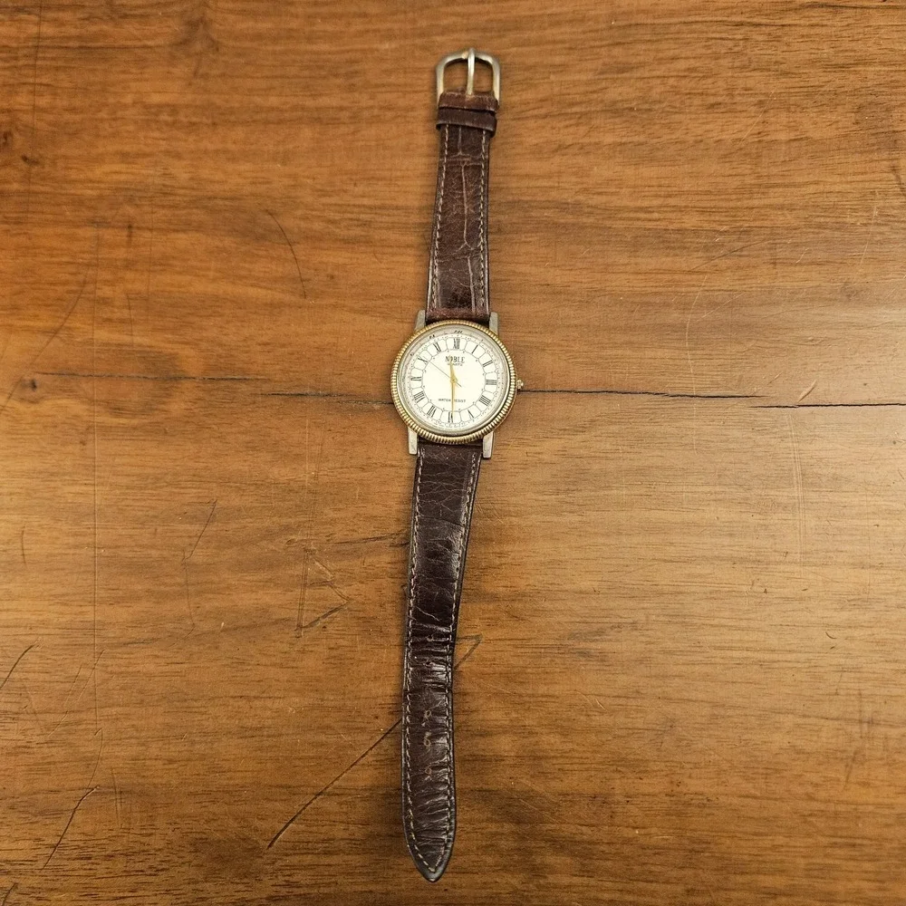 Noble Womens Silver And Gold Tone Leather Band Analog Quartz Watch Needs Battery